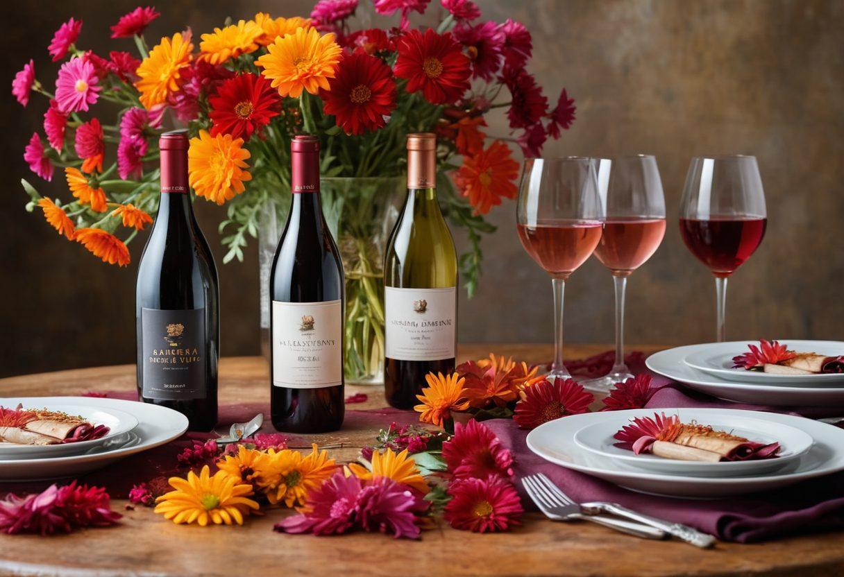 A beautifully arranged table set for a seasonal wine tasting, featuring glasses of rich red, crisp white, and bubbly rosé wine, surrounded by vibrant Aster flowers in full bloom. Emphasize the textures of the wine bottles, and include seasonal elements like autumn leaves or spring blossoms. The background should be softly blurred to highlight the table setup, creating an inviting and warm atmosphere. vibrant colors. super-realistic.