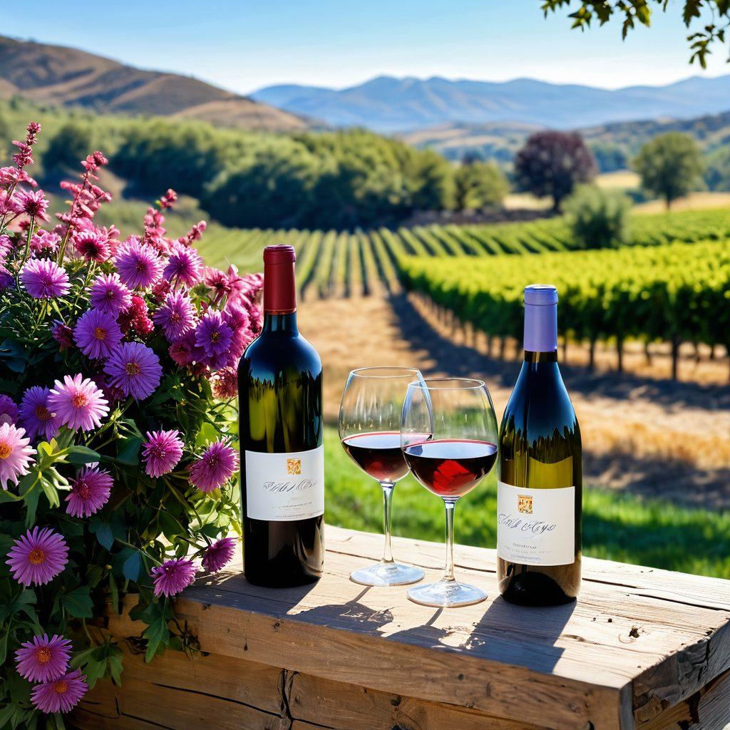 A picturesque vineyard landscape featuring a variety of wine bottles elegantly arranged alongside vibrant aster flowers in full bloom. The scene captures different wine styles, including reds, whites, and rosés, harmoniously paired with colorful asters in shades of purple, pink, and blue. Soft sunlight bathes the scene, creating a warm and inviting atmosphere that conveys the joy of wine tasting and floral beauty. The background showcases rolling hills and a clear blue sky. super-realistic. vibrant colors. natural lighting.