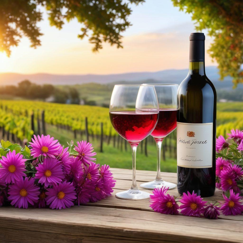 A beautiful vineyard at sunset with vibrant aster flowers blooming in the foreground, blending the colors of the flowers with the hues of the wine in glasses on a rustic wooden table. The scene showcases wine bottles elegantly arranged, with leaves from the vineyard framing the composition. A soft glow enhances the warm atmosphere of wine pairing and artistry. super-realistic. vibrant colors. white background.